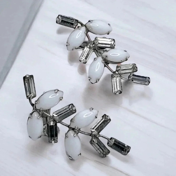 Vintage Jewelry - Vintage Marvella Milk Glass Rhinestone Silver Tone Leaf Clip On Earrings